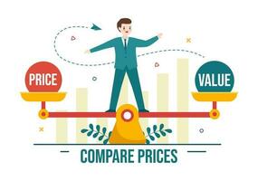 jämföra priser vektor illustration av inflation i ekonomi, skalor med pris och värde varor i platt tecknad serie hand dragen landning sida mallar