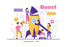 Geschäft Boost Vektor Illustration mit Digital Marketing Rakete Unternehmen Werdegang Erfolg im Entwicklung und profitieren erhöhen, ansteigen im Hand gezeichnet Vorlage