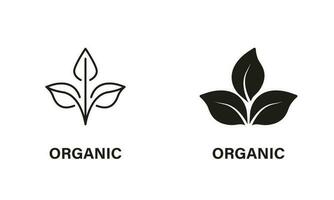 bio organisch Produkt, Blatt Zeichen. vegan Öko Essen Etikett. organisch Produkt schwarz Symbol Satz. natürlich bio gesund Öko Essen Linie und Silhouette Logo. isoliert Vektor Illustration.