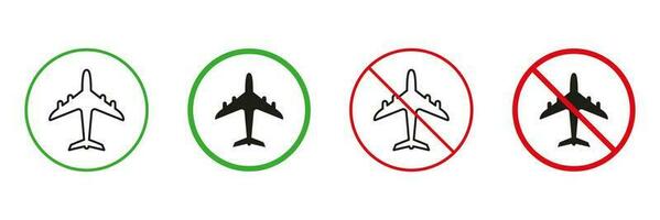 luft transport, flyg röd och grön väg varning tecken. flygplan linje och silhuett ikoner uppsättning. tillåta och inte tillåten trafik tecken. isolerat vektor illustration.