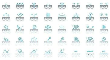 hudvård skönhet linje ikon uppsättning. dermatologi medicinsk hud vård linjär piktogram. ansiktsbehandling rena fukt, uv Solskydd skydda Färg ikon. torr, skada hud. redigerbar stroke. isolerat vektor illustration.
