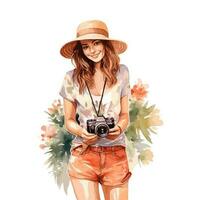 Aquarell schön weiblich Tourist mit Kamera Konzept vektor