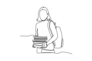kontinuierlich einer Linie Zeichnung weiblich Studenten tragen viele von Bücher und Rucksack . Buch Liebhaber Konzept. Single Linie zeichnen Design Vektor Grafik Illustration.