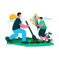 Vater und Kind Gartenarbeit zusammen eben Illustration minimalistisch modern Vektor Konzepte zum Netz Seite Webseite Entwicklung, Handy, Mobiltelefon App