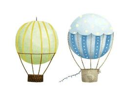 söt barnslig illustration med varm luft ballong, resa, resa uppsättning. bebis konst, klistermärke vektor