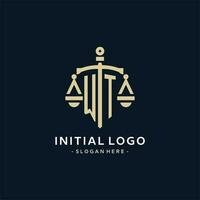 wt Initiale Logo mit Rahmen von Gerechtigkeit und Schild Symbol vektor