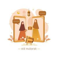 vektor illustration muslimer människor kommunicerar via mobilapplikationer eller videosamtal för eid mubarak hälsningar och fira
