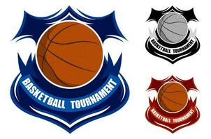 basketboll sportslig emblem. boll för basketboll på bakgrund av stiliserade skydda. turnering symbol. lätt till redigera Färg. vektor