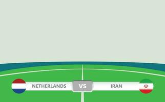 Vektor Spiel Vorschau mit ein niedriger dritte Etikette innerhalb Fußball Stadion Hintergrund. Niederlande vs. Iran.