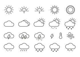 Wetter Sonne und Wolke, Linie Symbol Satz. Umgebung Sonnenschein, Donner, Sturm, Wind, Schnee Wolke Vektor Zeichen