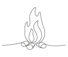 Feuer kontinuierlich Single Kunst Linie Zeichnung. Flamme Form, Lagerfeuer, Gas Symbol. Vektor Gliederung Illustration