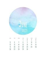 kalender juni 2023 med vattenfärg blå rosa cirkel. vektor