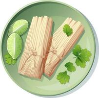 Tamales auf ein Teller mit Limette und Koriander auf ein isoliert Hintergrund. traditionell Mexikaner Lebensmittel. köstlich Essen Vektor Illustration