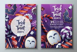 vektor uppsättning av halloween fest inbjudningar eller hälsning kort med godis, lollipops.ghost och fladdermus småkakor.