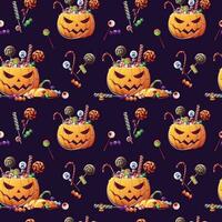 sömlös mönster med halloween sötsaker och pumpa på en vit bakgrund. lura eller behandla. sömlös textur för omslag, textil, tapet, etc. vektor