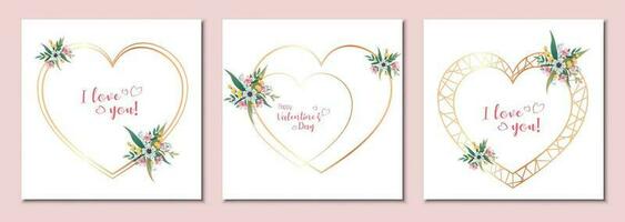 Sammlung von Gold Herzen zum Valentinstag s Tag Karten und Hochzeit Einladungen. einfach Metall Herz Rahmen mit Blumen- Elemente. vektor