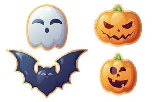 halloween kaka uppsättning. utsökt småkakor i de form av en spöke, pumpa, fladdermus. Semester symbol, handväska eller behandla. bra för klistermärken, design, dekor vektor