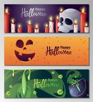 uppsättning av vektor banderoller för halloween. häxa s kittel, skrämmande pumpor, kvast, skalle, ljus. illustration för hälsning kort, inbjudningar, banderoller, affischer.