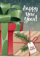 Weihnachten Karte mit ein Bündel von Geschenke eingewickelt im schön Verbeugungen. großartig zum Neu Jahr Banner, Poster, Flyer, Party Einladung. vektor