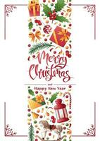 jul kort med festlig dekor på en vit bakgrund. affisch med element av ny år s dekor gåvor, järnek, lykta, gran, etc. lämplig för inbjudningar, vykort, banderoller, affischer. vektor