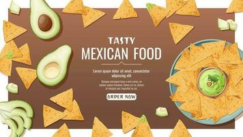 Banner mit Nachos mit Guacamole Soße. National Mexikaner Lebensmittel. lecker und gesund Essen, Kochen, Speisekarte. online Essen Befehl. vektor