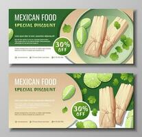 Rabatt Gutschein, Mexikaner Essen Vorlage Design. Coupon einstellen mit Tamales und Limette und Koriander. Banner, Poster, Flyer, Werbung zum ein Restaurant vektor