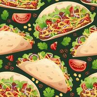 sömlös mönster med tacos. textur med traditionell mexikansk mat. bra för tapeter, meny dekor, restauranger. vektor