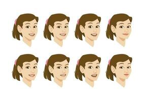 ung flicka huvud med flera olika ansiktsbehandling uttryck vektor
