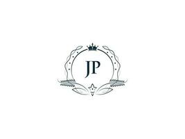 monogram jp feminin företag logotyp design, lyx jp pj kunglig krona logotyp ikon vektor