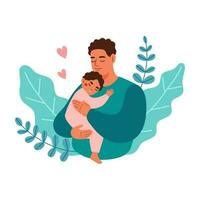 Papa hält seine Baby mit Pflege und Liebe. Konzept von Vaterschaft und Familie. eben Vektor Illustration.