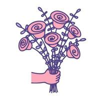 ein Hand halten ein Strauß von Ranunkel und Rosen Blumen. vektor