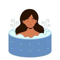 jung weiblich Mädchen Charakter ist glücklich entspannend im heiß Sauna Bad. vektor