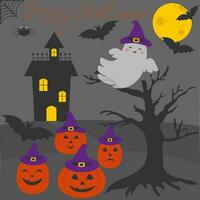 Vektor Halloween Szene mit Spuk Haus, Kürbis Figuren, Fledermäuse im Karikatur Stil.