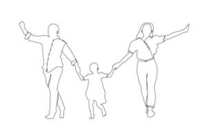 Lycklig familj kontinuerlig enda linje konst teckning. föräldrar håll de barn händer linje konst vektor. hälsa liv försäkring planen begrepp linje konst teckning. far mor och barn löpning tillsammans linje konst. vektor