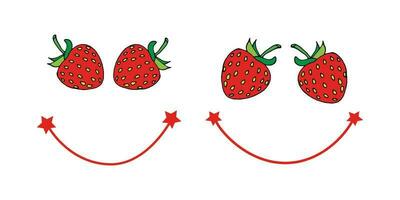 Vektor Illustration einstellen von nett und narkastisch Erdbeere lächelt. Gesichts- Ausdruck und Emotionen