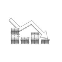 Gold Münzen Preis Nieder rot Graph schwarz Gliederung Symbol Vektor isoliert. Preis Dollar runter. eben Stil Vektor Illustration.