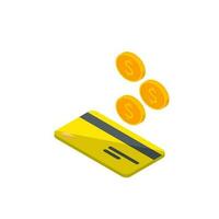 Kasse erhalten ein Bank Karte Gelb links Aussicht - - Weiß Hintergrund Symbol Vektor isometrisch. Cashback Bedienung und online Geld Erstattung. Konzept von Transfer Geld, E-Commerce, Speichern Konto.