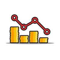 Gold Münzen Preis Nieder rot Graph schwarz Schlaganfall und Schatten Symbol Vektor isoliert. Preis Dollar runter. eben Stil Vektor Illustration.