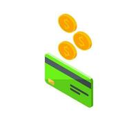 kontanter skaffa sig en Bank kort grön vänster se - vit bakgrund ikon vektor isometrisk. pengar tillbaka service och uppkopplad pengar återbetalning. begrepp av överföra pengar, e-handel, sparande konto.