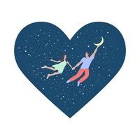 fröhlichen Valentinstag. Ein verliebtes Paar fliegt in den Sternenhimmel. vektor