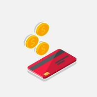Kasse erhalten ein Bank Karte rot richtig Aussicht - - Weiß Schlaganfall mit Schatten Symbol Vektor isometrisch. Cashback Bedienung und online Geld Erstattung. Konzept von Transfer Geld, E-Commerce, Speichern Konto.