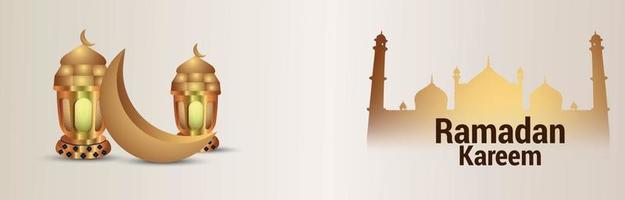realistischer Ramadan Kareem Hintergrund mit islamischem goldenen Laternenmond und Moschee vektor