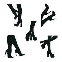 einstellen schwarz Silhouette von weiblich Beine im ein Pose. Schuhe Stilettos, hoch Fersen. gehen, Stehen, Betrieb, Springen, tanzen vektor