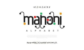 Mahoni abstrakt Digital Technologie Logo Schriftart Alphabet. minimal modern städtisch Schriftarten zum Logo, Marke usw. Typografie Schrift Großbuchstaben Kleinbuchstaben und Nummer. Vektor Illustration