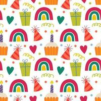 sömlös mönster med cupcake, regnbåge, gåvor. vektor bakgrund med en födelsedag tema.
