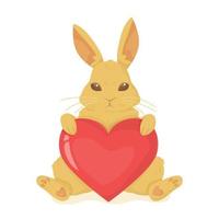niedlicher Hase, der rotes Herz flauschiges Kaninchen Valentinstag Ostern Frühling Charakter Liebe Geständnis Konzept kann als Kartendruck oder Poster Illustration isoliert auf Weiß in flachen Cartoon-Stil verwendet werden vektor