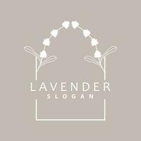 lavendel- logotyp, enkel elegant lila blomma växt vektor, hälsning kort design, baner, blomma prydnad, lavendel- hand dragen bröllop, ikon symbol illustration vektor