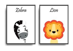 affisch med djur seriefigurer tecknad djur zebra och lejon set