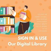 tecken i och använda sig av vår digital bibliotek, promo baner vektor