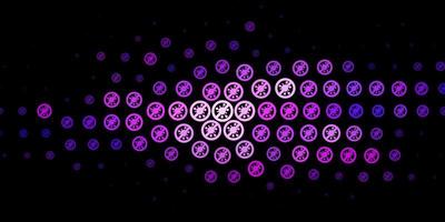 mörk lila vektor bakgrund med covid-19 symboler.